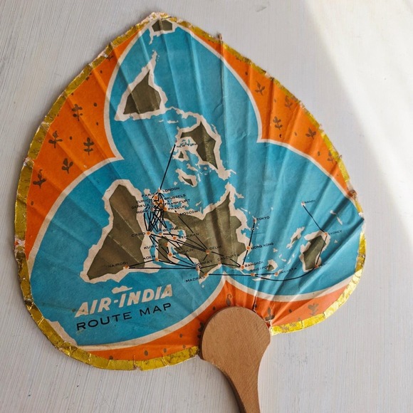 Vintage Air India Fan 1950s Collectible Route Map Wooden Handle Souvenir - Picture 6 of 16